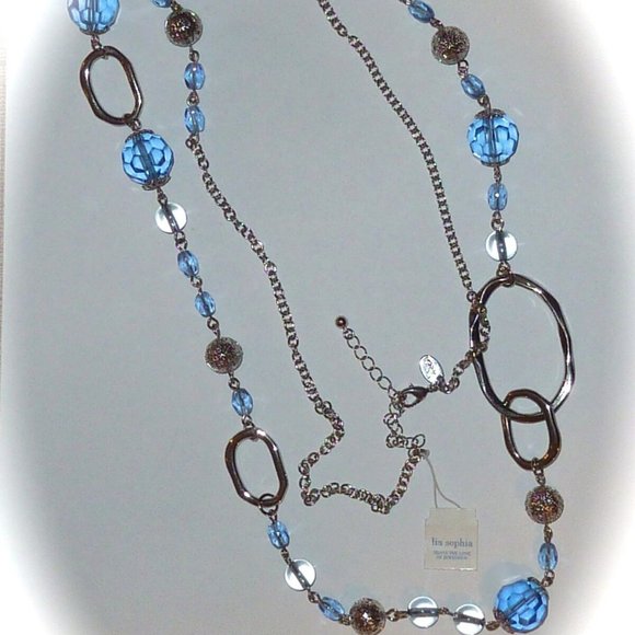 Lia Sophia Airess necklace, Silvertone chain blue crystals clear beads women’s - Picture 2 of 4